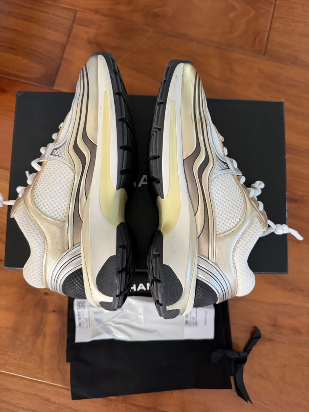 CHANEL Fabric Laminated Calfskin Stretch CC Sneakers size 37 in White,Gold,Silv